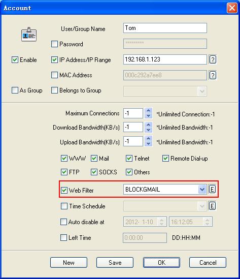 Enable web filter for client to blcok Gmail