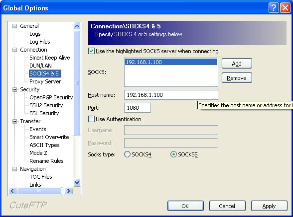 Proxy server settings for CuteFTP Pro