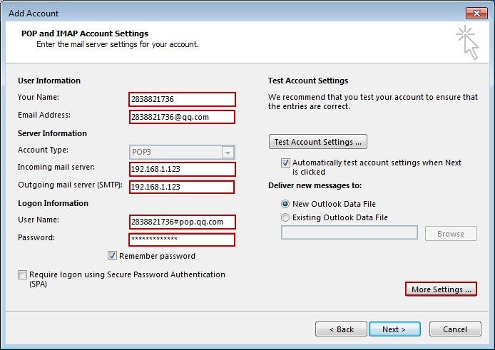 POP and IMAP Account Settings