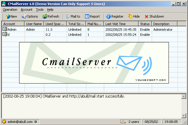 Screenshot of Web Mail Server CMailServer 4.0.11.24.2002