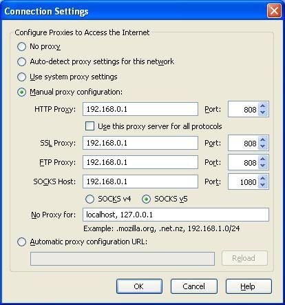 Connection settings in Firefox