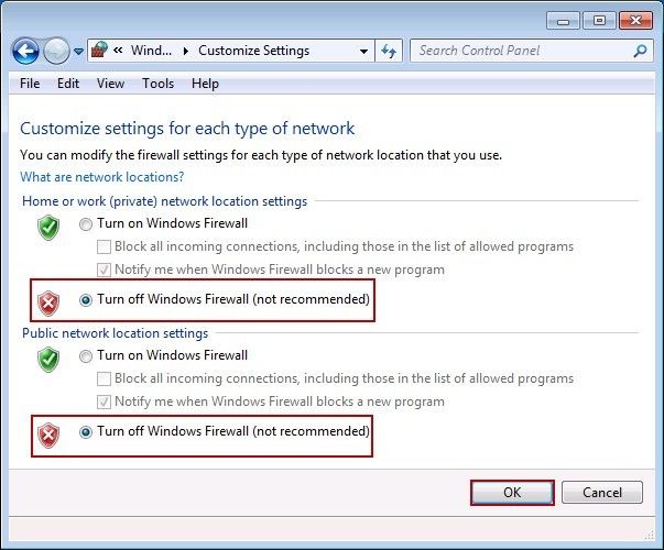 Turn off Windows Firewall