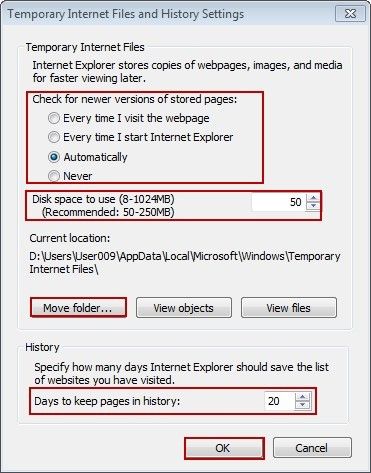 Temporary Internet Files and History Settings